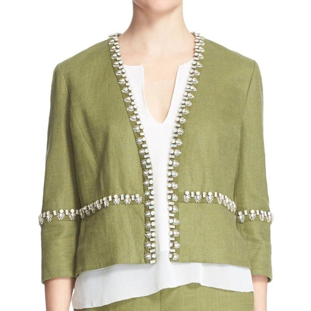 Tory Burch Avery Hills Linen Blend Rhinestone 3/4 Sleeve Jacket Green Size 4